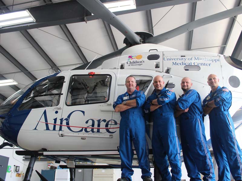 The crew of AirCare2 stationed in Meridian includes, from left, flight registered nurses Todd Perry and Brock Whitson, flight paramedic Ben White and pilot Davin Mancini. Bill Graham/The Meridian Star
