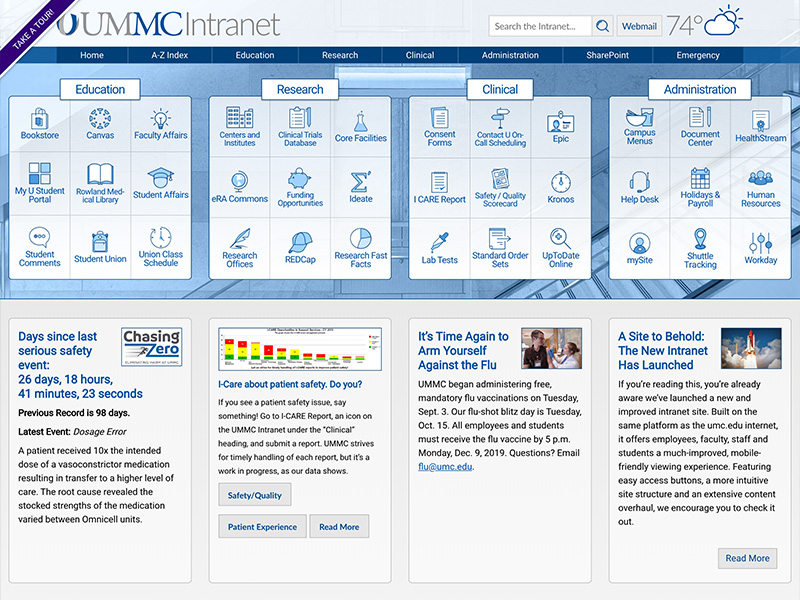 Screenshot of UMMC's new intranet