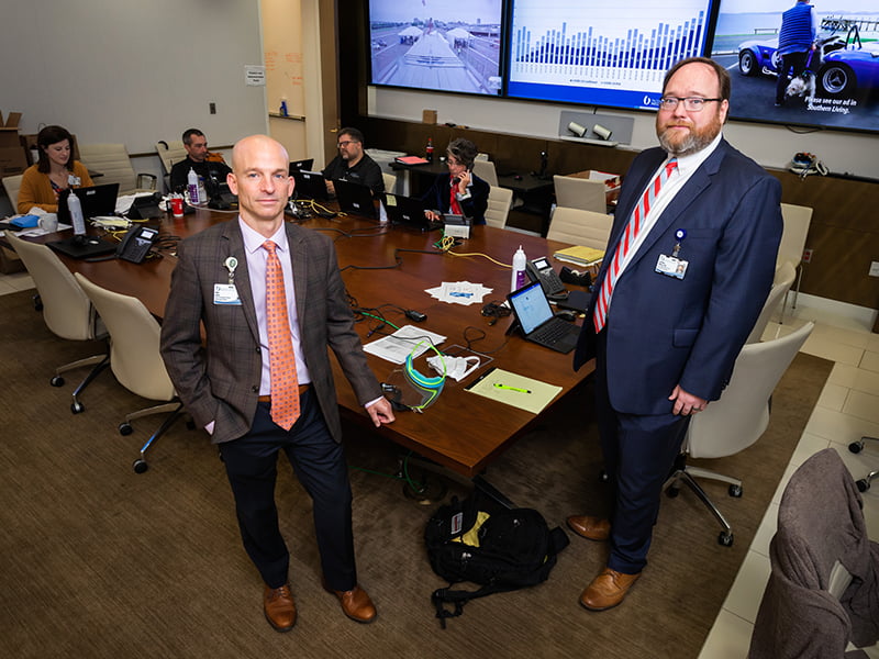 Dr. Alan Jones, left, the Medical Center’s clinical response leader, and Dr. Jonathan Wilson, incident manager, are key leaders in UMMC's COVID-19 response.