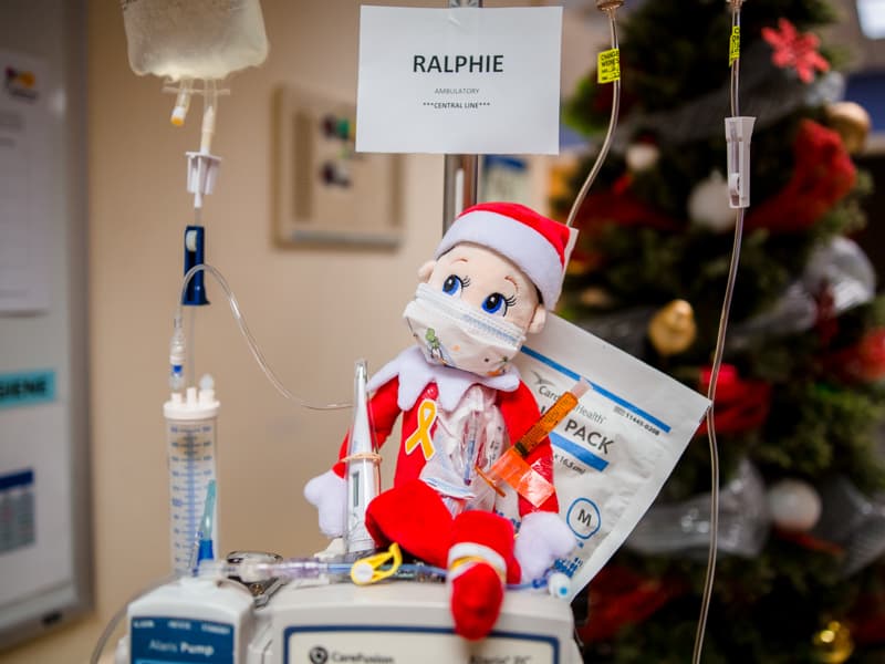 Ralphie, the Elf on the Shelf on the Batson Tower's third floor, has a central line as part of his hospital stay.