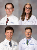 Collage of portraits, from upper right, clockwise is: Dr. Trey Abraham, Dr. Anna Carr, Dr. Clark Henegan, and Dr. Jacob Graham.