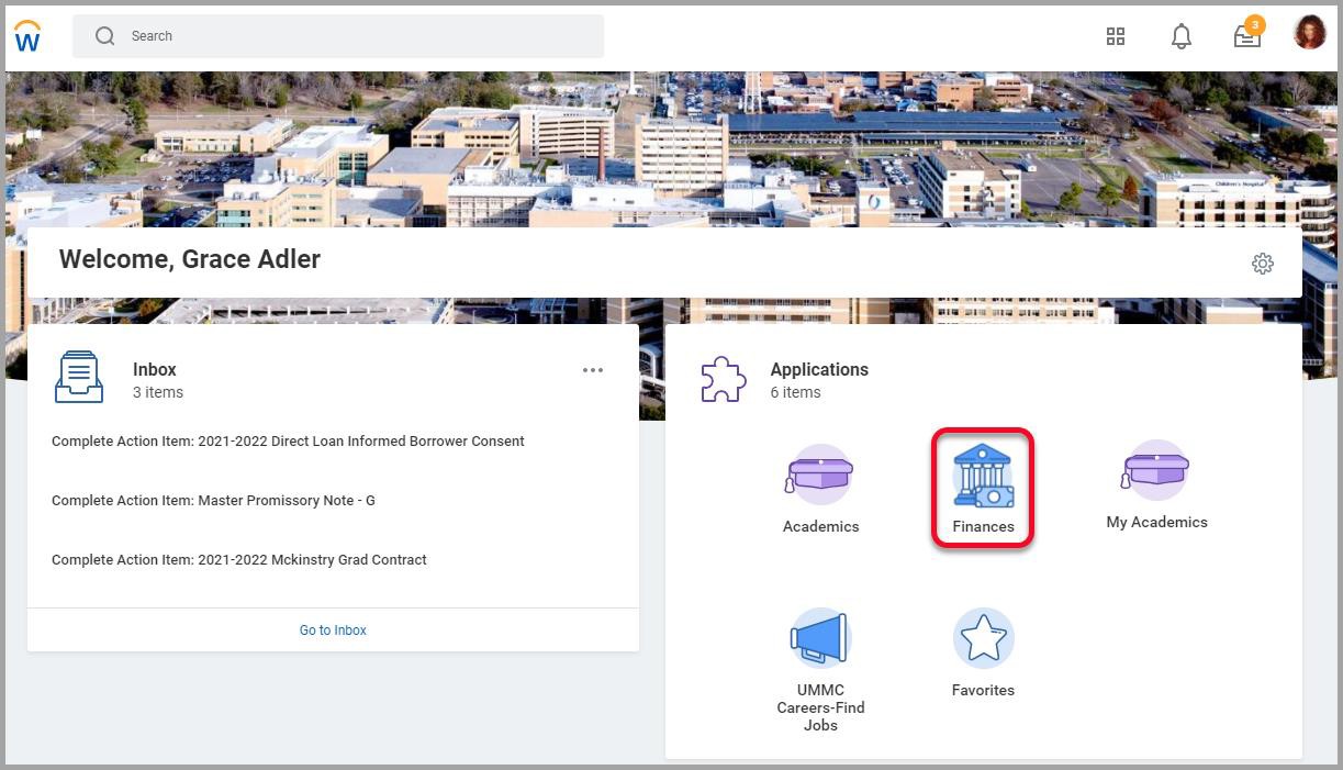 Workday screen with Finances button highlighted