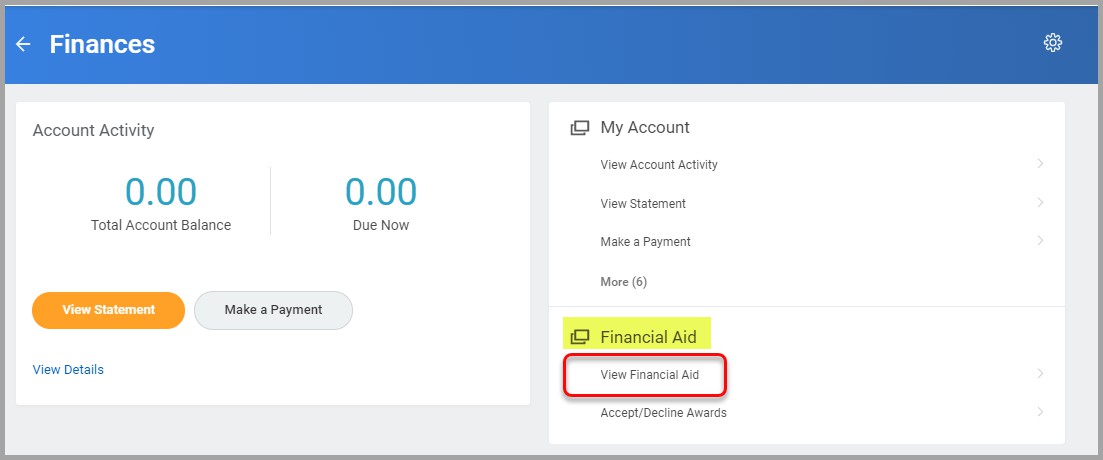 Finances menu with View Financial Aid button highlighted
