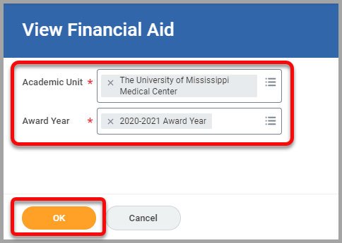 View Financial Aid menu with Academic Unit field, Award Year field and OK button highlighted
