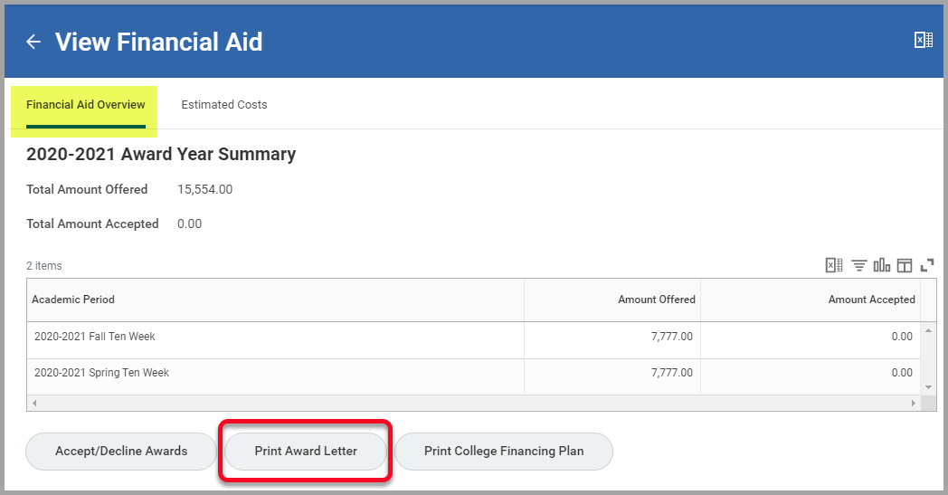 View Financial Aid menu with Financial Aid Overview tab and Print Award Letter button highlighted.