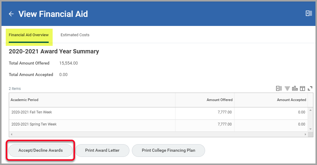 View Financial Aid menu with Financial Aid Overview tab and Accept/Decline Awards button highlighted.
