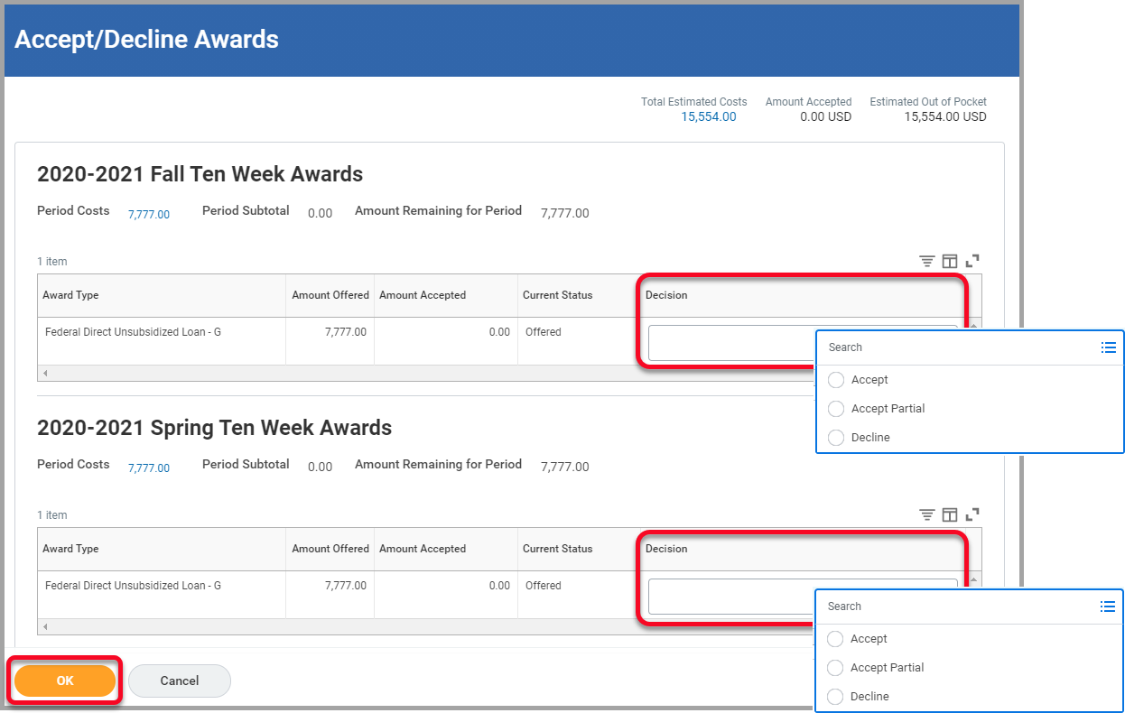 Accept/Decline Awards menu with two Decision dropdown menus and OK button highlighted