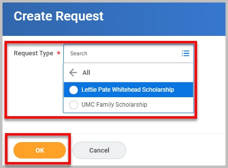 Create Request menu with Request Type dropdrwn list and OK button highlighted.