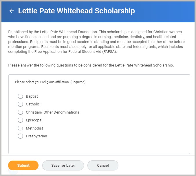 Screen of Lettie Pate Whitehead Scholarship menu with description and radio buttons.