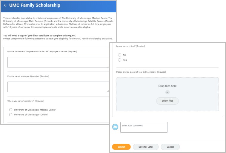 Two screenshots of UMC Family Scholarship menu.