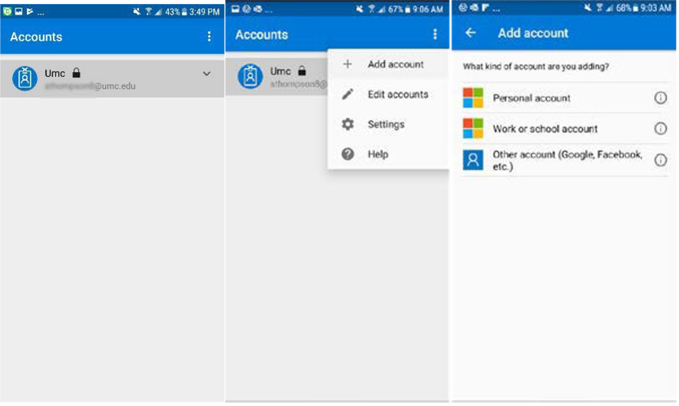 Three screenshots of process to add work of school account to Microsoft Authenticator.