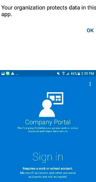 Mobile screenshot showing a data protection notice and the Microsoft Company Portal app sign-in screen requiring a work or school account.
