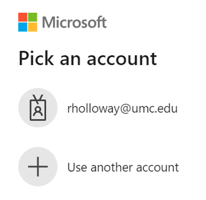 Microsoft screen prompting to pick an account, showing one email option and a button to use another account.