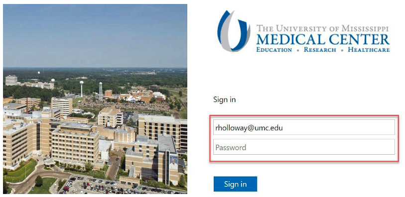 Split screen showing an aerial view of the University of Mississippi Medical Center campus and a login page with email and password fields.