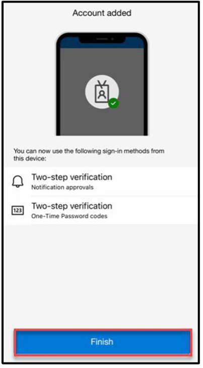 Account Added screen with Finish button highlighted.