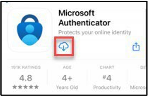 Microsoft Authenticator page in the App Store with the Download icon highlighted.