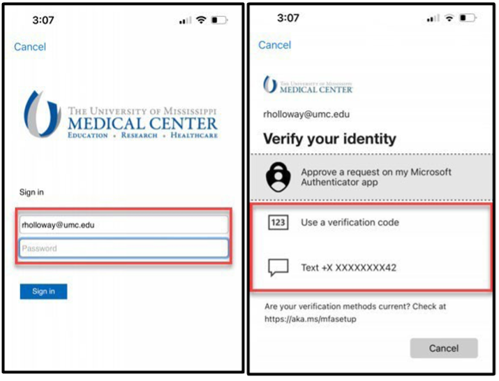 Microsoft Authenticator sign-in screens. First is for logging into a UMMC account, and the email address and password fields are highlighted. Second is for verifying identity, and the options Use a verification code and Text to a mobile number are highlighted.