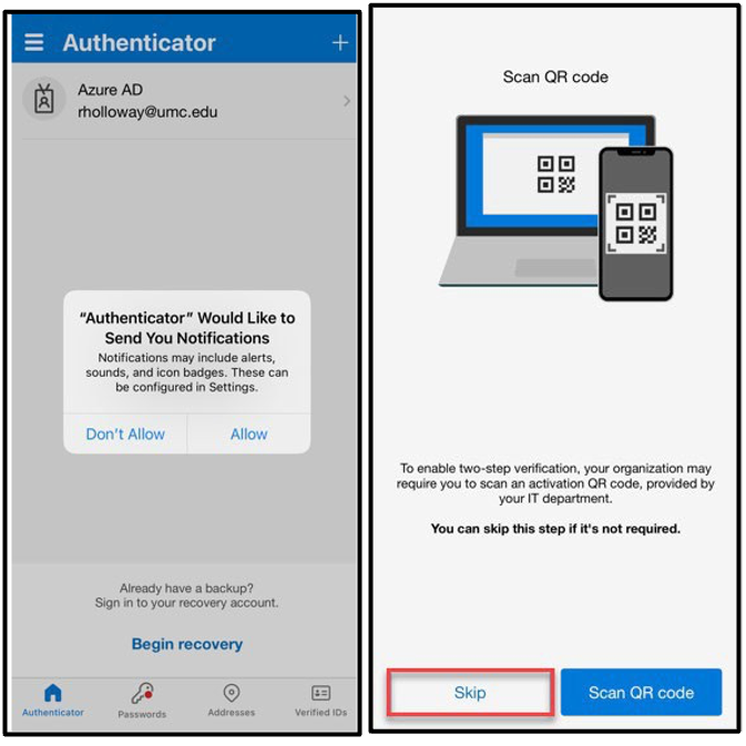 Microsoft Authenticator notification screens. First is a request for permission to send notifications. Second is a Scan QR Code prompt with the Skip button highlighted.
