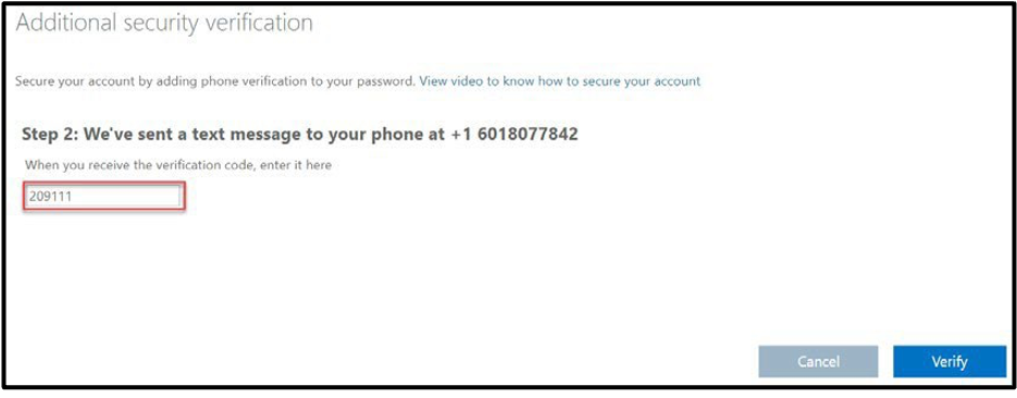 Additional security verificstion window with Step 2 for entering code. Field for code is highlighted.