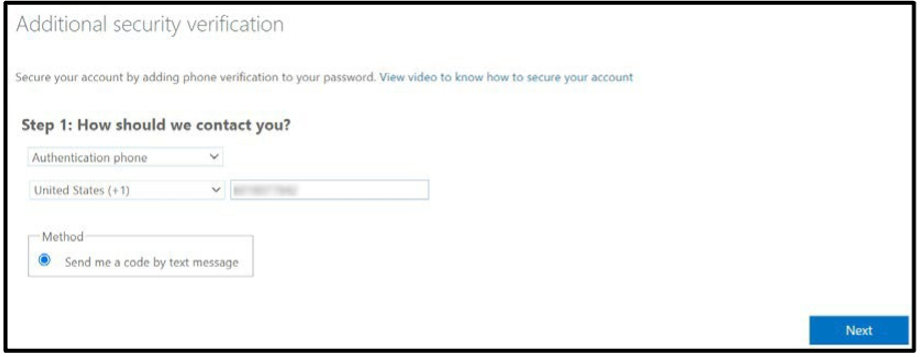 Additonal security verification window for Step 1 to request code via text message.