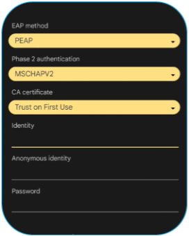 Screenshot of network settings showing EAP method as PEAP, Phase 2 authentication as MSCHAPV2, and CA certificate set to Trust on First Use, with empty identity and password fields.