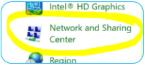 Screenshot of computer settings menu with "Network and Sharing Center" highlighted, and "Intel HD Graphics" and partial "Region" text visible.