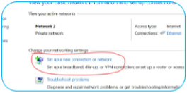 Network settings window showing "Network 2" as a private network with internet access, and the option "Set up a new connection or network" circled in red.