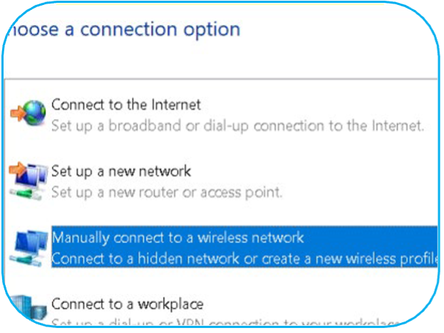 Screenshot of network setup menu with options to connect to the internet, set up a new network, manually connect to a wireless network (highlighted), or connect to a workplace.