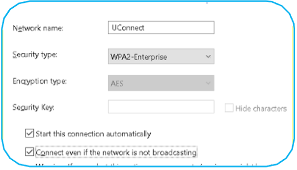 Wi-Fi configuration screen for network "UConnect" with WPA2-Enterprise security, AES encryption, and options to auto-connect and connect even if not broadcasting.