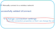 Screenshot showing successful manual connection to wireless network "UConnect" with an option to change connection settings highlighted.