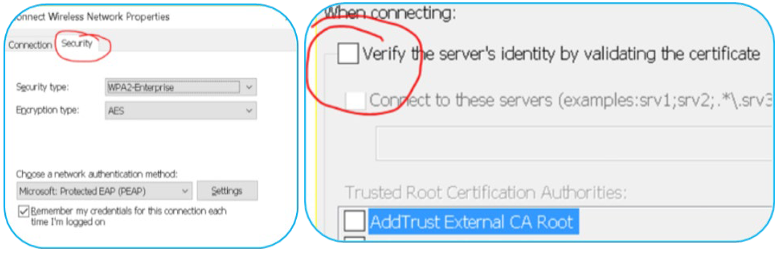 Two screenshots of Wi-Fi security settings showing WPA2-Enterprise with AES encryption, PEAP authentication, and unchecked certificate validation with AddTrust External CA Root selected.