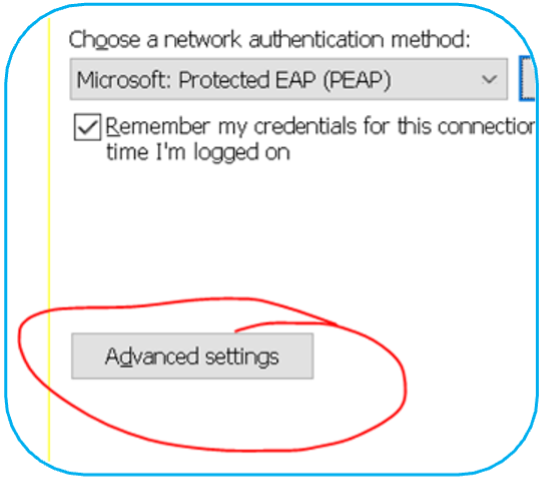 Network authentication settings window with PEAP selected, "Remember my credentials" checkbox checked, and "Advanced settings" button circled in red.