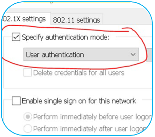 Network settings screen showing 802.1X authentication mode set to "User authentication," with options for deleting credentials and enabling single sign-on.