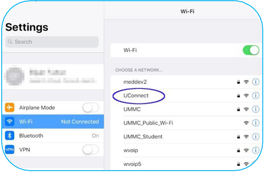 Screenshot of Wi-Fi settings showing available networks including UConnect, UMMC, and UMMC_Public_Wi-Fi, with Wi-Fi turned on but not connected.