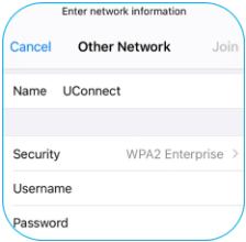 Mobile screen showing Wi-Fi setup for network named UConnect with WPA2 Enterprise security, and fields for username and password.