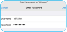 Login screen for UConnect Wi-Fi network with fields for username and masked password, and options to cancel or join.