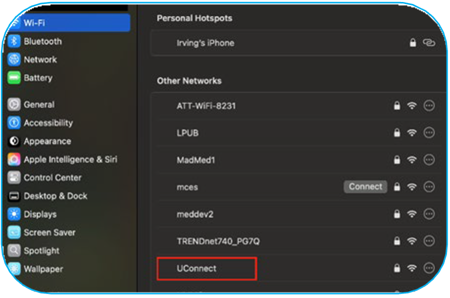 Screenshot of computer Wi-Fi settings showing available networks including personal hotspot "Irving's iPhone" and other secured networks like ATT-WiFi-8231 and UConnect.