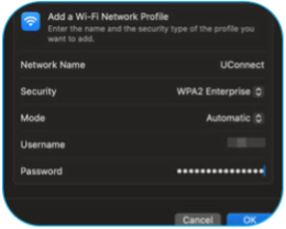Screenshot of Wi-Fi network profile setup window with "UConnect" entered, WPA2 Enterprise security, and fields for username and password.