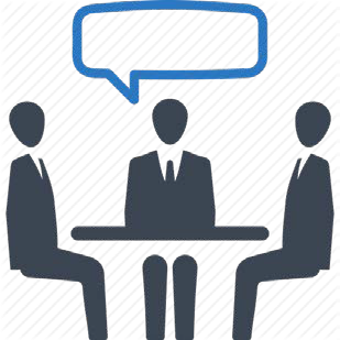 Icon illustration of three people sitting at a table. Empty speech balloon above.