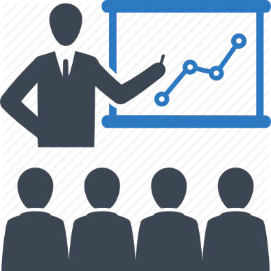 Icon illustration of instructor pointing to a line graph in front of four onlookers.