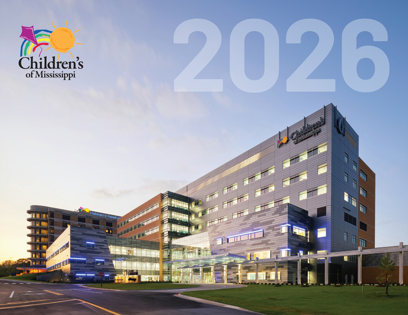 Cover of the 2026 Children's of Mississippi calendar depicting Sanderson Tower at sunrise.