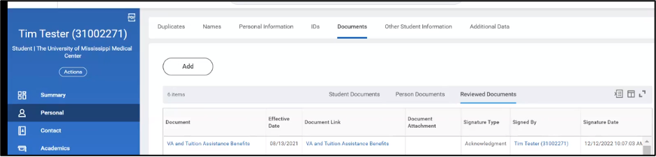 Screenshot of Document section of Workday account.