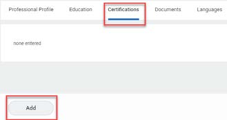 Certifications tab with title of Certifications and Ad button highlighted.