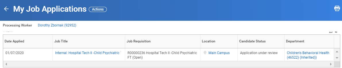 My Job Applications page with job listing for Internal. Hospital Tech II - Child Psychiatric.