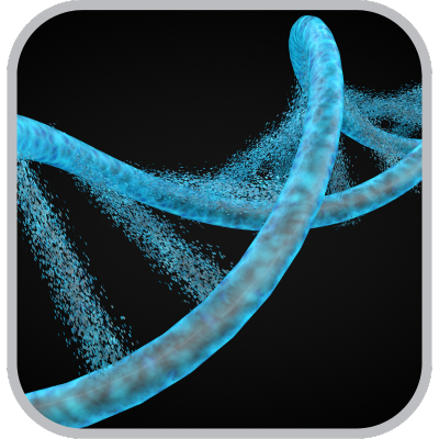 An illustration of a DNA strand in glowing blue on a black background.