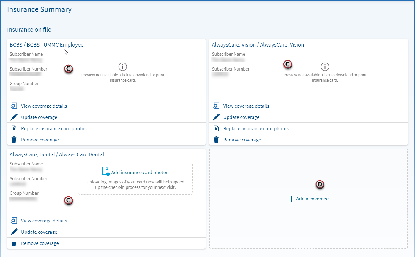 A screenshot of the MyChart Insurance Summary page, insurance on file is listed in four quadrants with the + Add a Coverage quadrant located on the bottom right side of the screen.