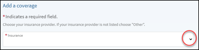 A screenshot of the MyChart page where the insurance provider can be selected from a dropdown menu.