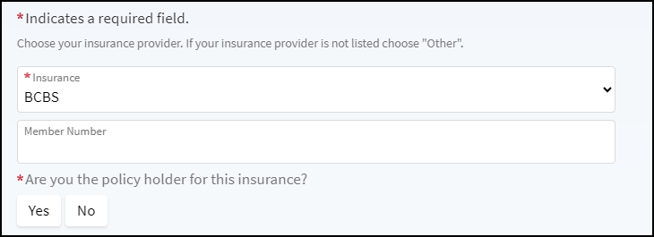 A screenshot of the MyChart page where the insurance member number is entered.