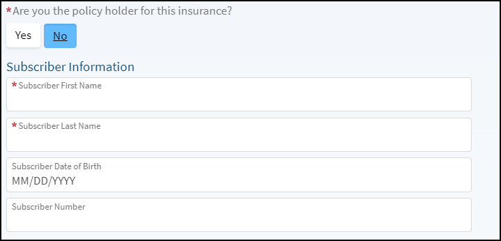 A screenshot of the MyChart page where policy holder information is entered.