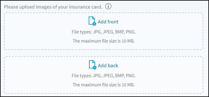 A screenshot of the MyChart page where the insurance card images are uploaded.